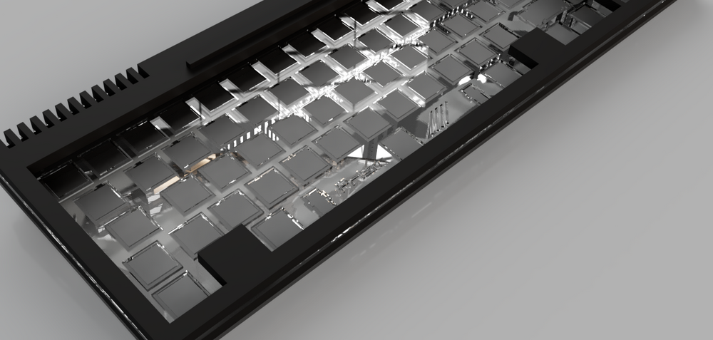 Render showing the 2 plate layers, 1.5mm PETG is very flexible so 2 layers were used the lower layer has larger switch cutouts so it provides support for the upper layer, but the switches can still snap into the top layer